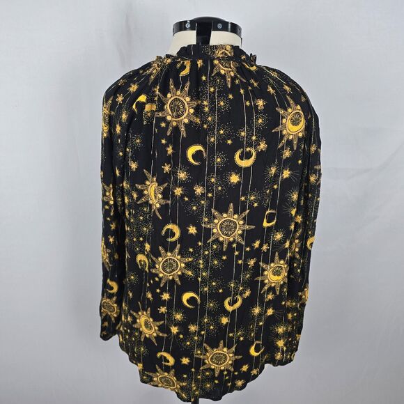 Torrid Blouse Women's 1X Black Gold Moon Print Long Sleeve Tie Mock Neck NWT - Picture 5 of 16